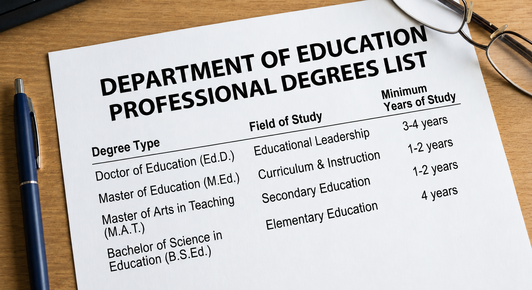 department of education professional degrees list