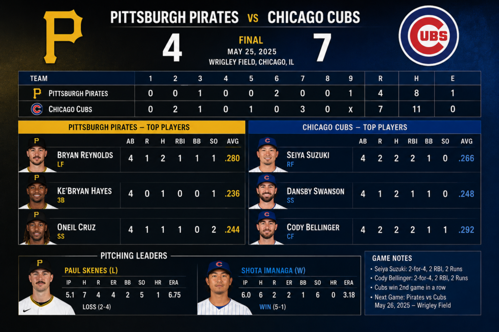 pittsburgh pirates vs chicago cubs match player stats